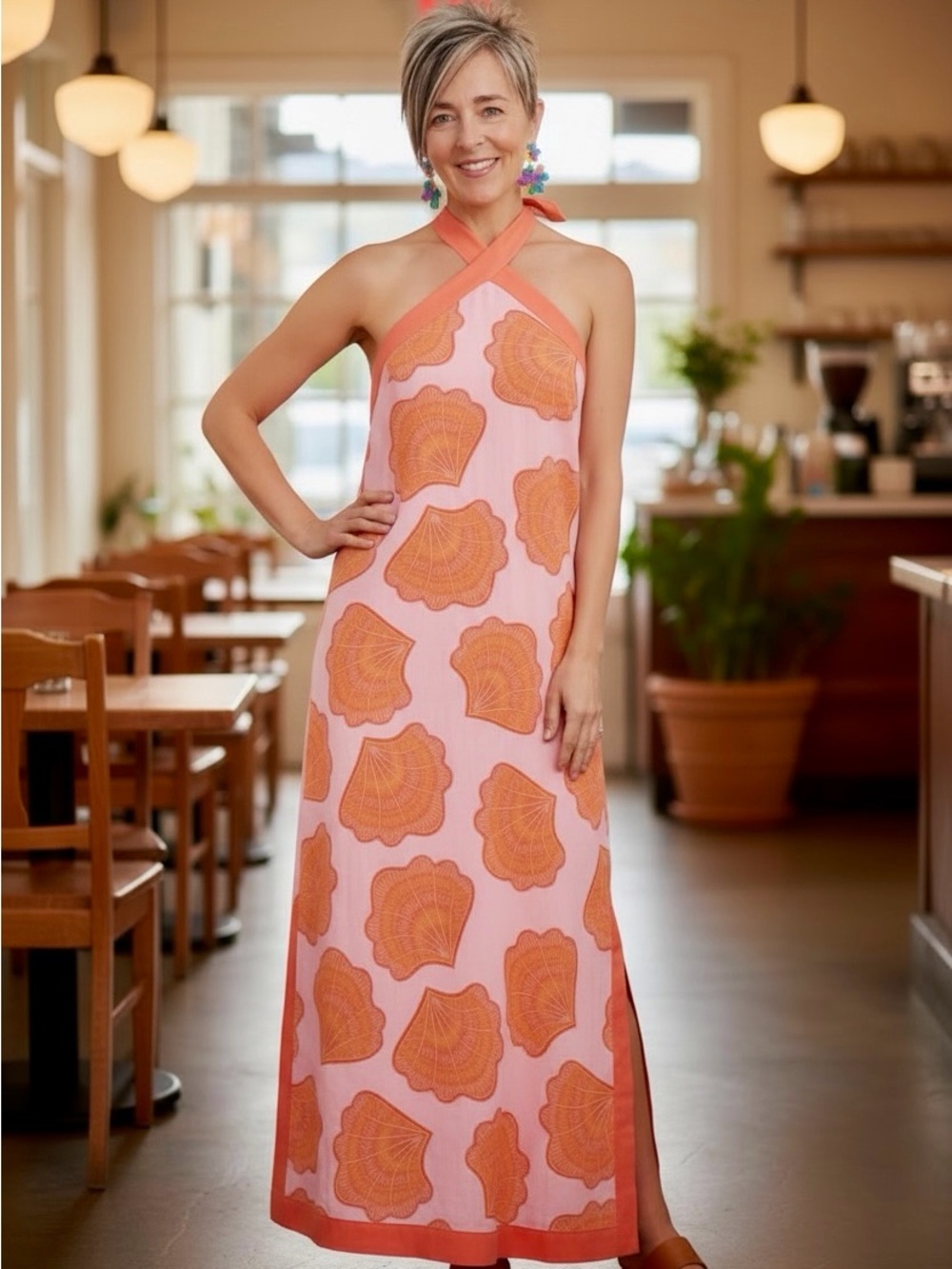 NWT Women’s Pink & Red Orange Shell-Print Halter Sleeveless Beach Maxi Dress